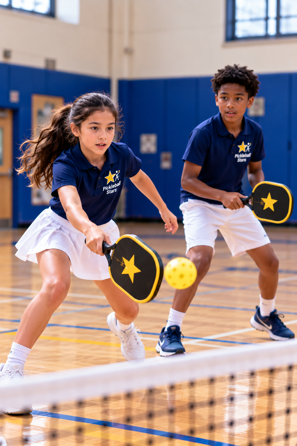 Elementary school students playing pickleball